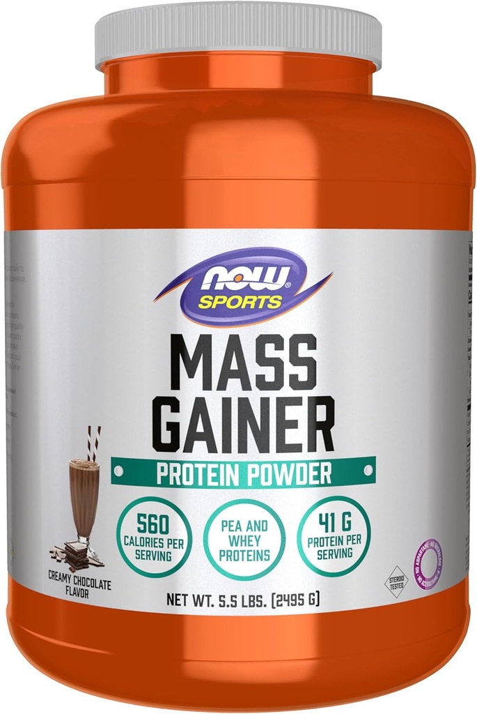 MAINTENANT Foods Sports Mass Gainer Protéines Poudre, Saveur de chocolat crémeuse, Pea and Whey Protein Blend, 5,5 lbs.