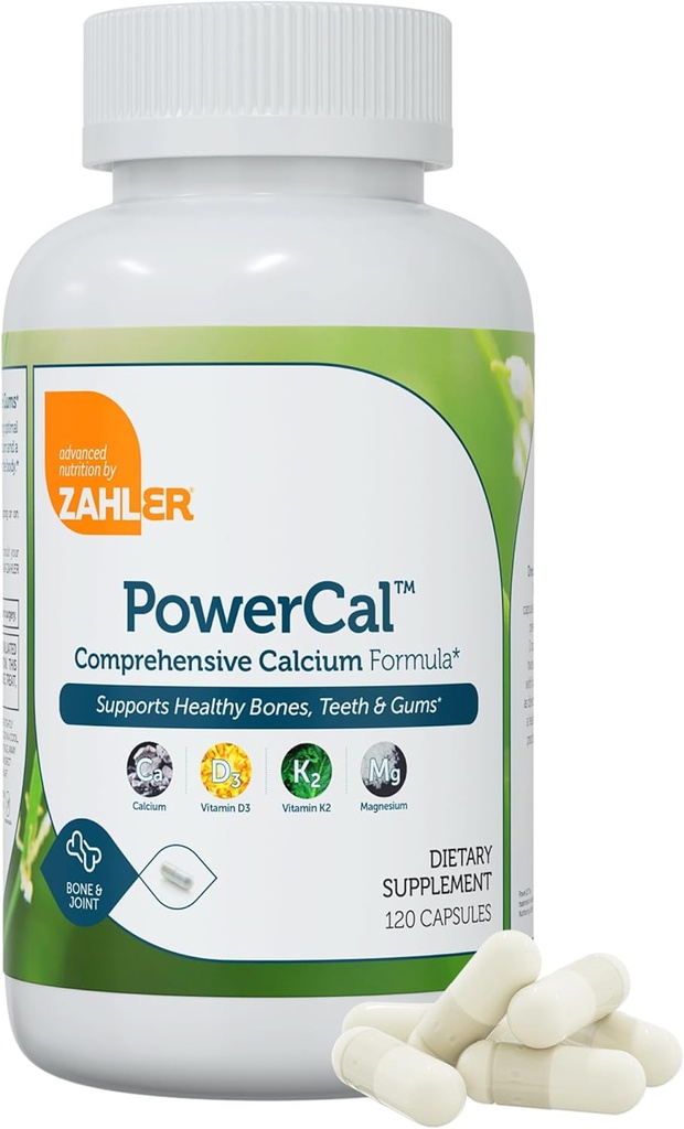 Zahler PowerCal - Supplément de calcium D3 K2 Magnésium - Soutien des dents, des gencives et des os - Supplément de calcium santé pour les femmes et les hommes avec vitamine D3 K2 et Magnésium (120 capsules)