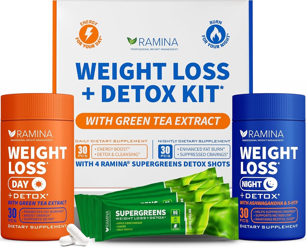 Ultimate Weight Loss Kit – 30 Day & Nighttime Detox Shots – Booster de métabolisme et contrôle de l'appétit – compléments alimentaires pour les femmes et les hommes – Fat Burning & Weightloss Pills, Fat Burner & Suppressant