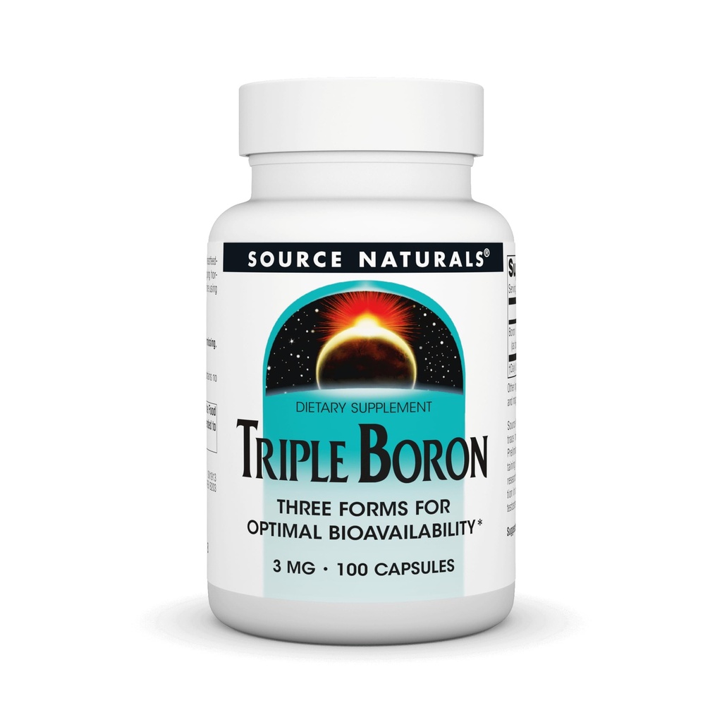 Source Naturelle, triple bore, trois formes pour la biodisponibilité optimale*, contient 3 formes du boron minéral trace – Citrate, Aspartate et Glycinate, 3mg - 100 capsules