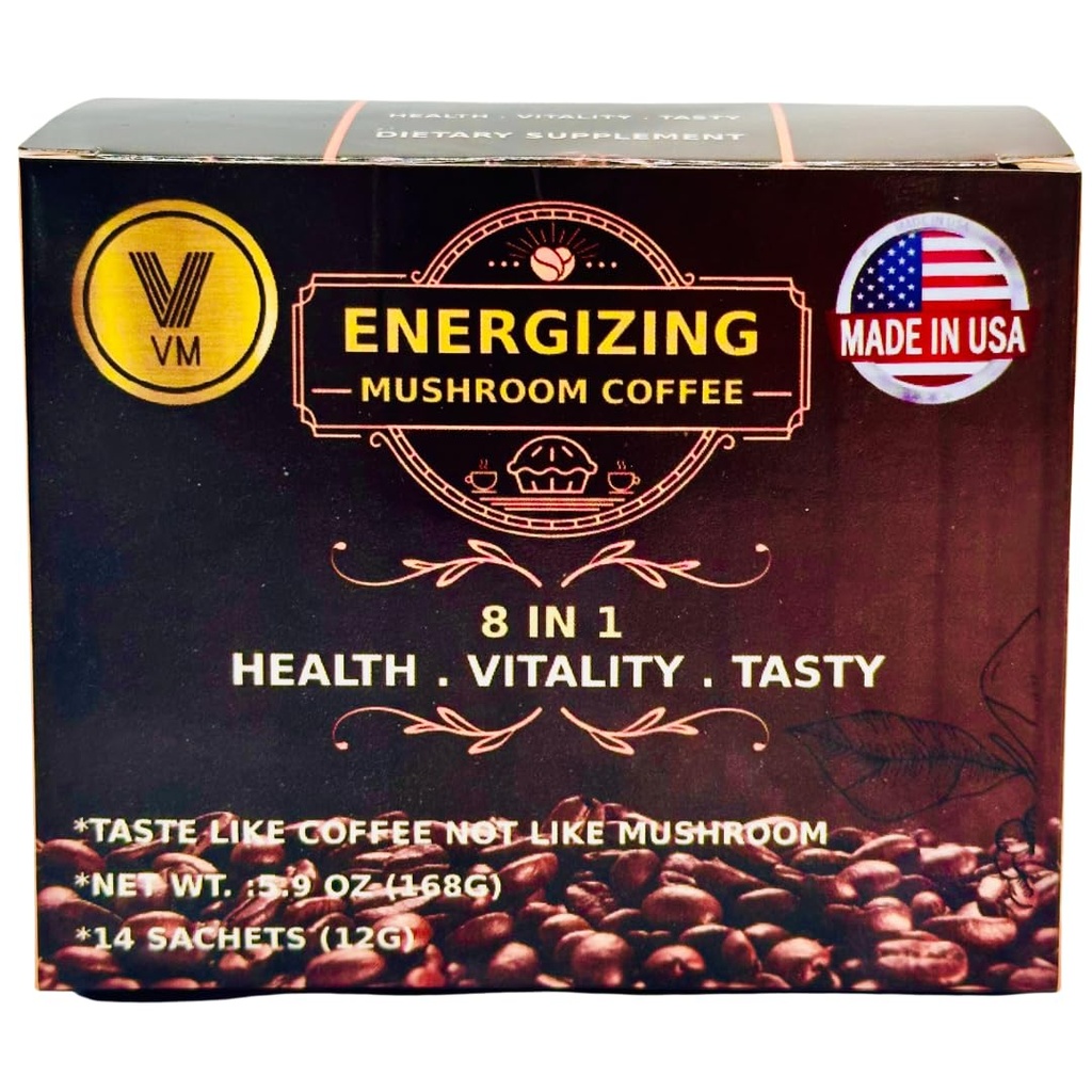 VM Coffee-Reishi en énergie de champignons avec Ginseng & Carbo Mix-Instant café. Ganoderma naturel avec café instantané. Supplément alimentaire 8-en-1 Mushroom Café. Mélanger le café bio classique. Fabriqué aux États-Unis(14). S