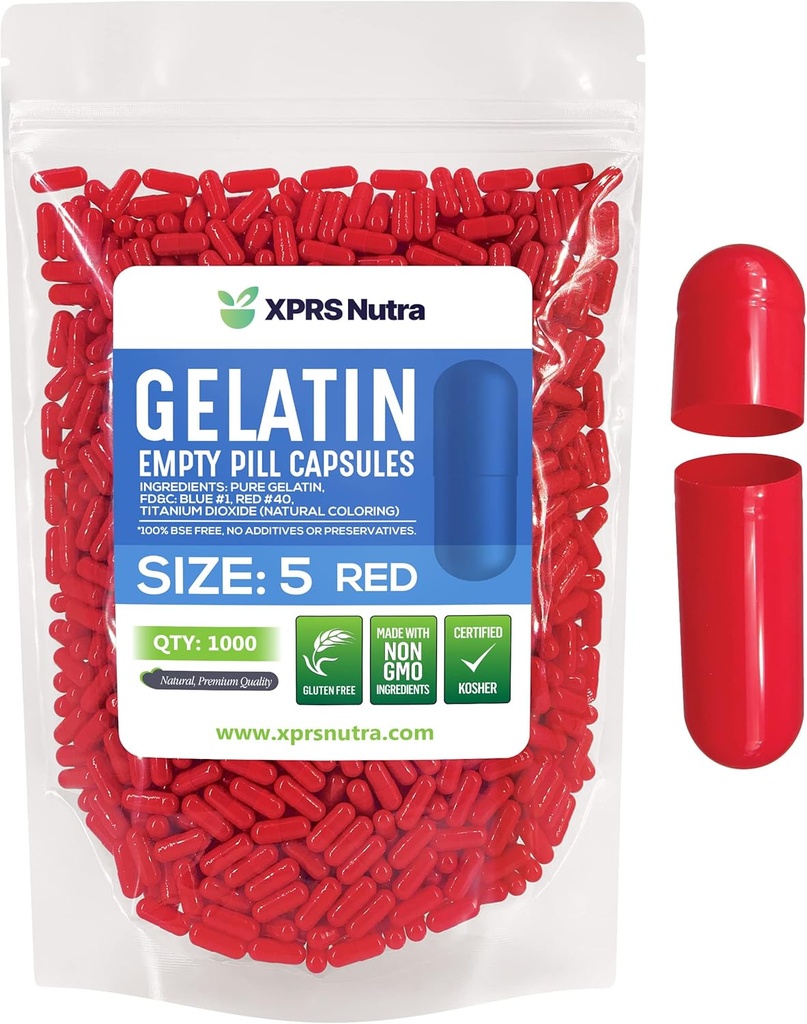 XPRS Nutra Taille 5 Capsules vides - 1000 Compter Capsules de gélatine vides très petites - Pills Bricolage Capsule Remplissage - Gel de pilules rechargeables pour Do-It-Youlf Suppléments de vitamines (Rouge)