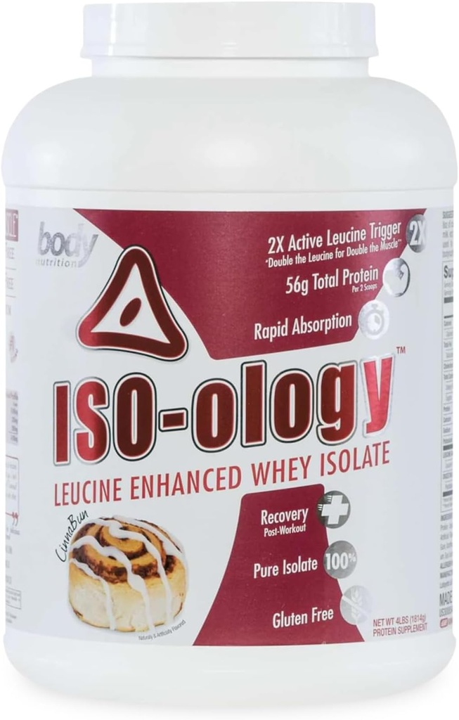 Nutrition du corps ISO-Ology, Poudre de protéines de lactosérum enrichie en leucine, Supplément de récupération après l'entraînement, Lactosérum oléagineux isolé, Cinnabun Flavor, 4lb