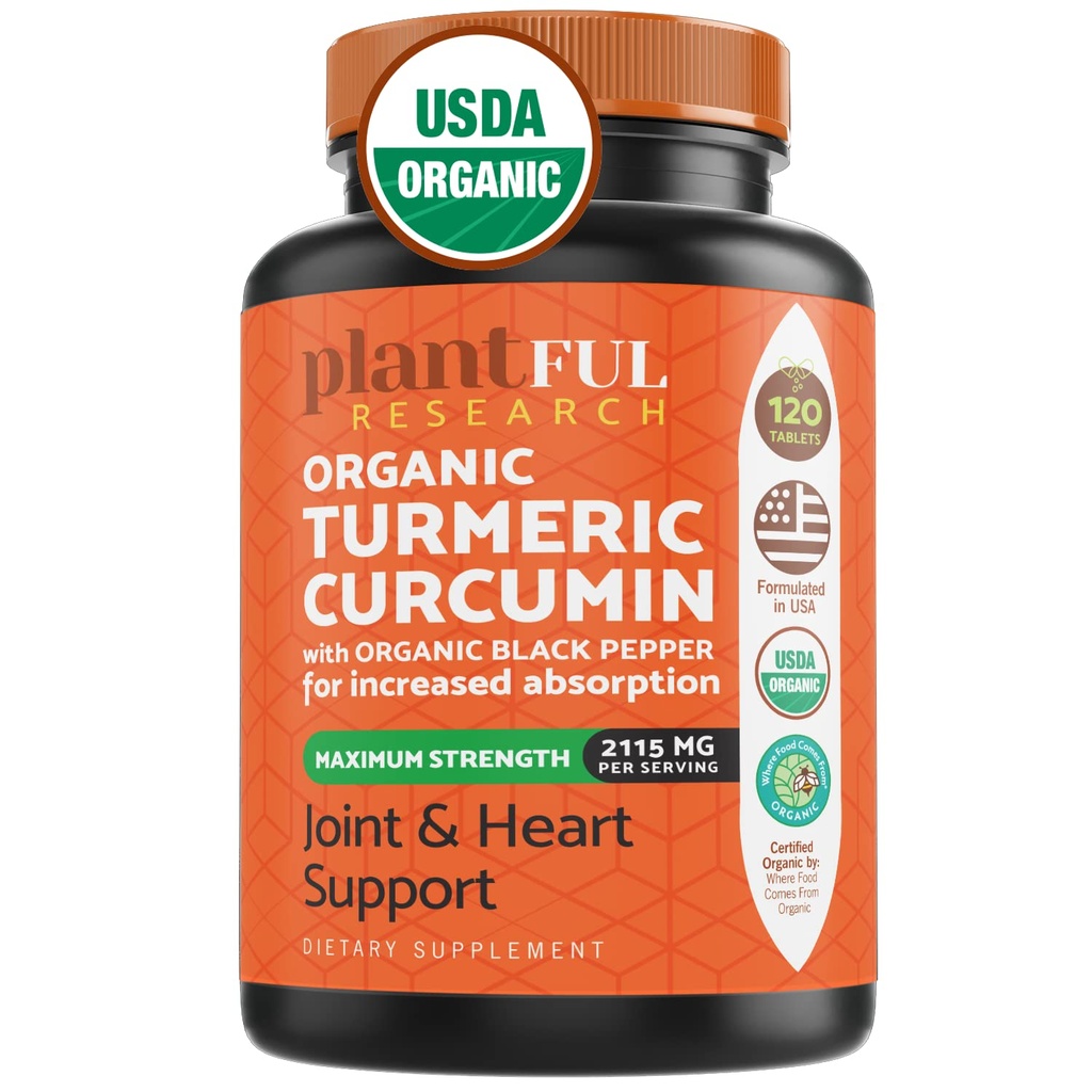 Supplément curcuma biologique avec le poivre noir de la plus haute puissance Certifié USDA [Non-GMO Organic Curcumin 2115mg] Antioxydant Joint & Immune Support 120 Comprimés