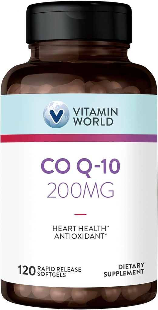 Vitamine World CoQ10 200 mg Softgels, Coenzyme Q10 Suppléments pour le soutien antioxydant, la santé cardiaque et la production d'énergie, sans gluten, 120 Softgels à libération rapide