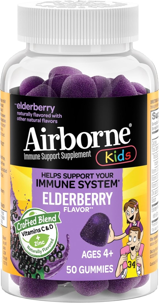 Enfants Airborne Elderberry + Zinc & Vitamine C Gummies, Kids Immune Support avec puissants antioxydants VIT D & E - 50 Gummies, Elderberry Flavor