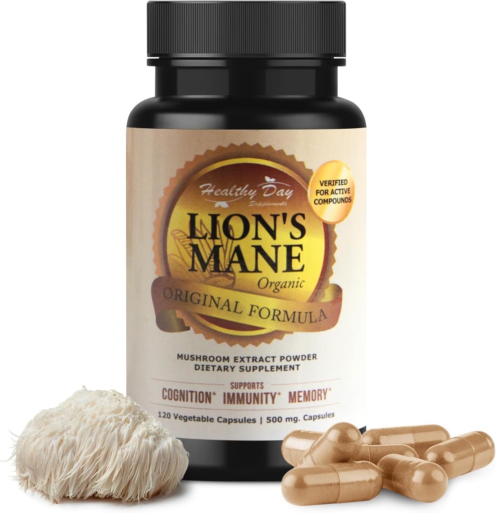 Lions Mane Mushroom Cognition Capsules - 120 Count, Sans gluten, Supplément Cerveau Alpha pour Adultes.