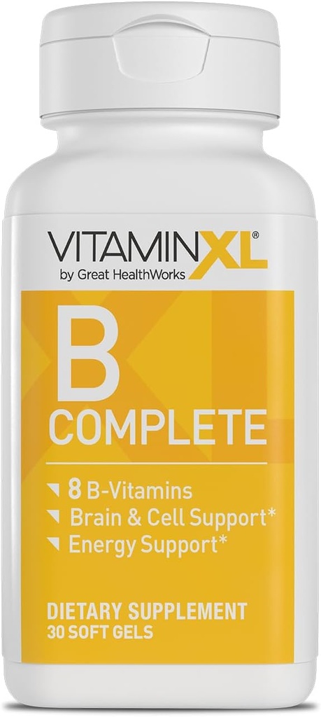 VitamineXL B Complete est un complexe à spectre complet B fabriqué avec B1, B5, B6, B12, Biotine, Niacine, Riboflavine et Folate, également avec Choline et inositol (30 gels doux, 30 portions)