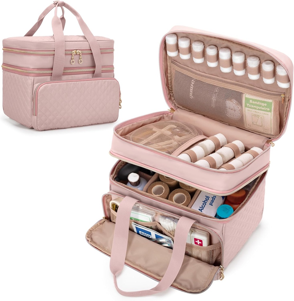 Yarwo Pill Organizer Vide, Double Layers Sac de rangement de voyage en médecine avec 5 diviseurs personnalisés et zips verrouillables pour bouteilles d'ordonnance et fournitures de premiers soins d'urgence, rose