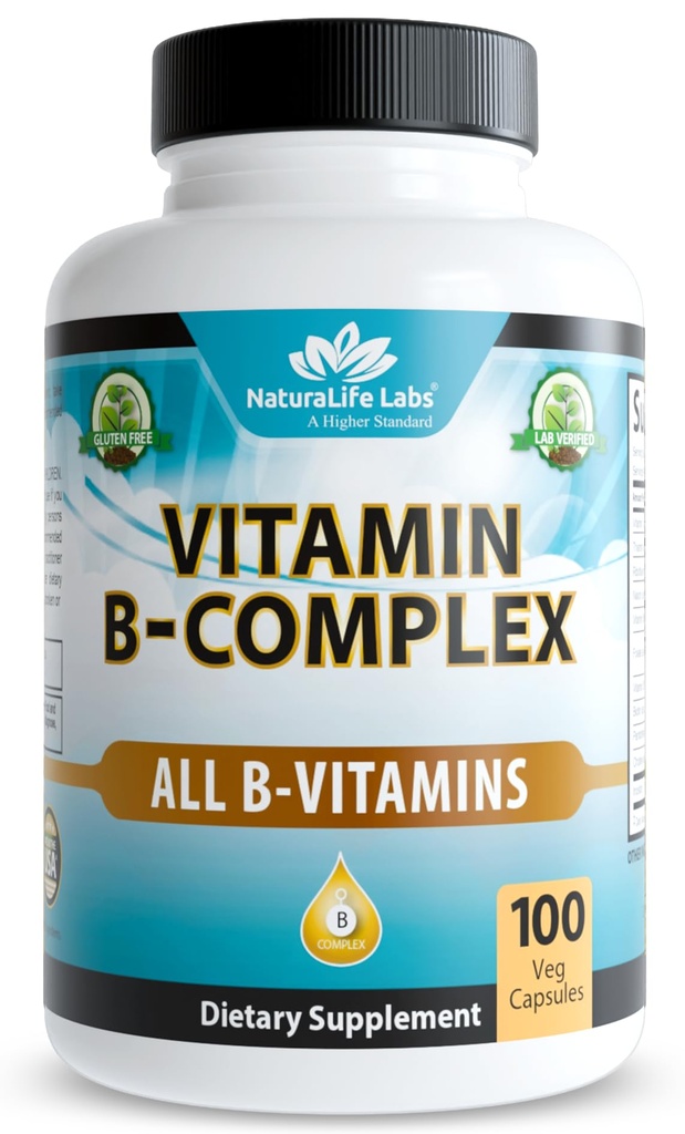Laboratoires NaturaLife Vitamine B-Complexe avec vitamine C et acide folique – Comprend B1, B2, B3, B5, B6, B7, B9 & B12 – 100 capsules, végétalien, non OGM, sans gluten