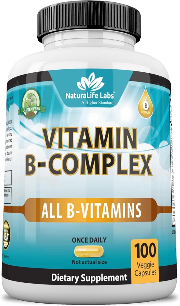 Laboratoires NaturaLife Vitamine B-Complexe avec vitamine C et acide folique – Comprend B1, B2, B3, B5, B6, B7, B9 & B12 – 100 capsules, végétalien, non OGM, sans gluten