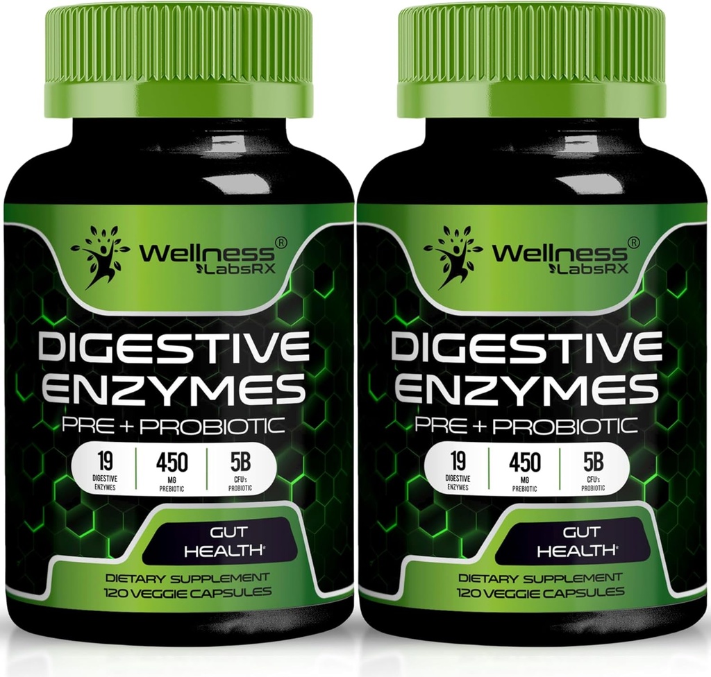 Enzymes digestives avec probiotiques et prébiotiques, 450mg, 5 milliards d'UCF - Capsules de Super Digestion Pure - Enzymes digestives pour les femmes et les hommes supportent la digestion et la santé gustative - 120 Nombre (paquet de 2)