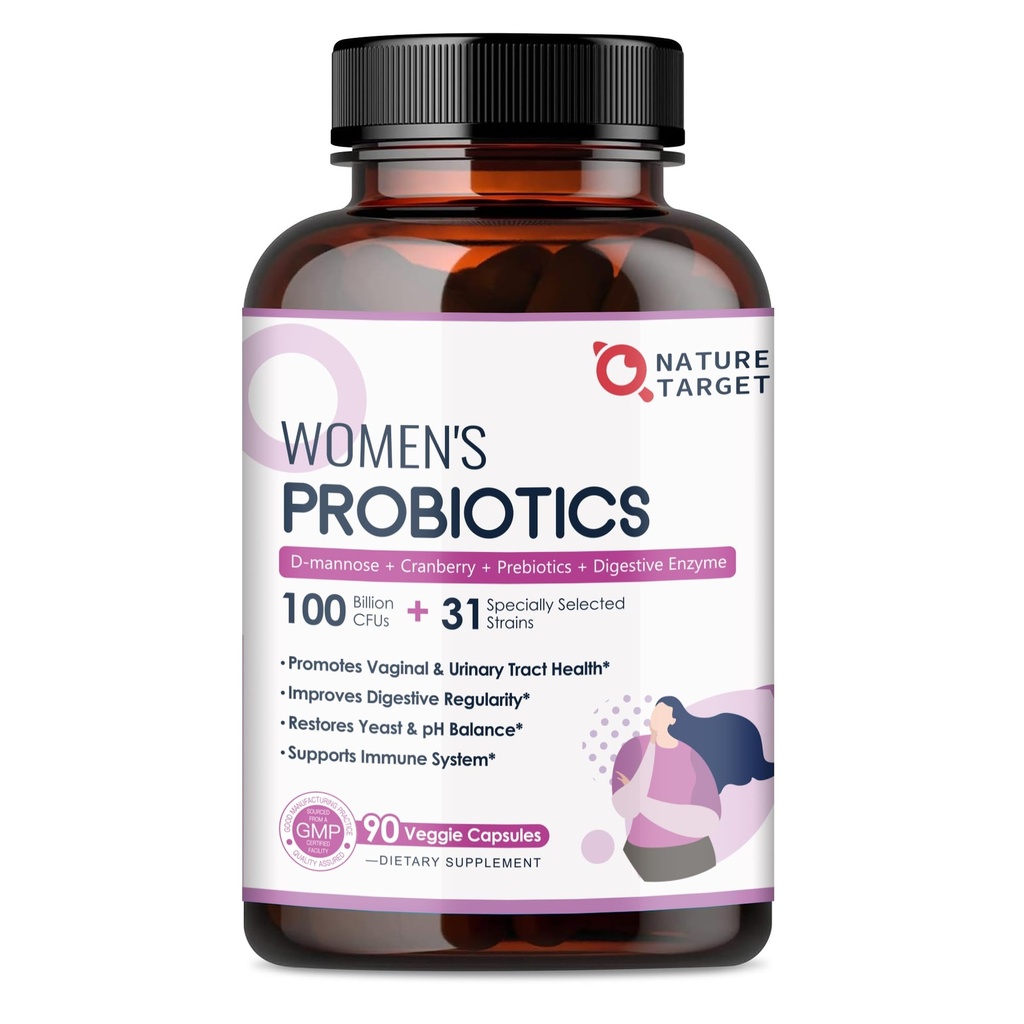 NATURE TARGET Probiotiques pour les femmes, 100 milliards d'UFC Probiotique avec enzymes digestives et prébiotiques, probiotiques vaginaux avec canneberge pour la santé urinaire, équilibre du pH, 90 capsules de Véggie