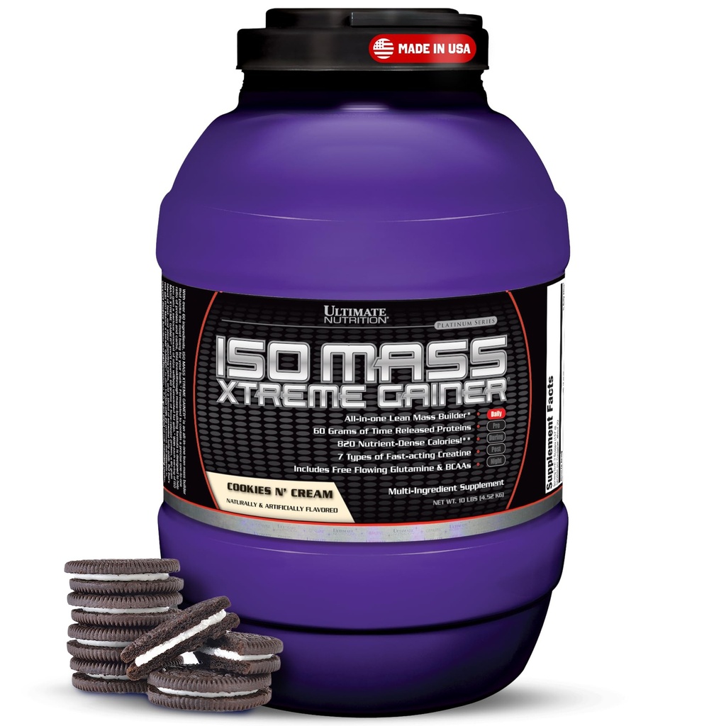 Nutrition Ultimate ISO Mass Xtreme Gainer - High-Calorie Mass Gainer avec Creatine & Whey Isolate Protéine Poudre pour gain de poids, masse musculaire maigre, supplément en vrac - Cookies N Crème, 10lbs