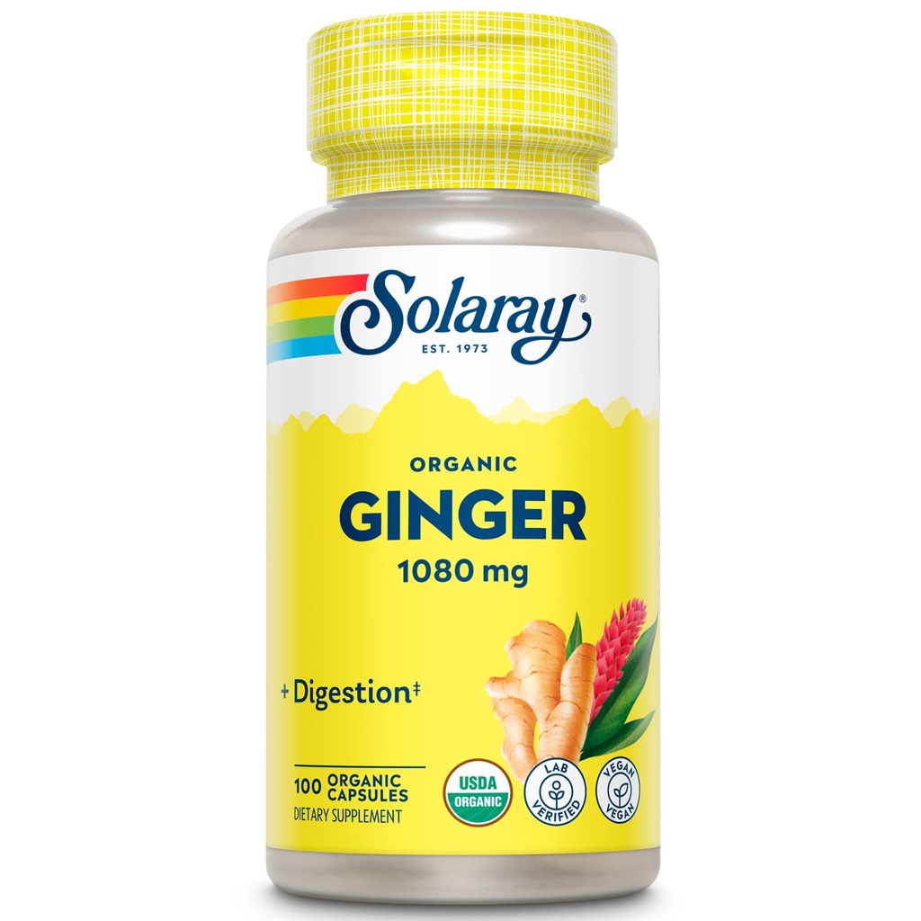 SOLARAY Ginger biologique 1080 mg - Suppléments de gingembre biologique - Soulage les nausées et les vomissements associés à la maladie du mouvement, soutient la santé articulaire - végétalien, non somnolent, garantie de 60 jours, 50 portions