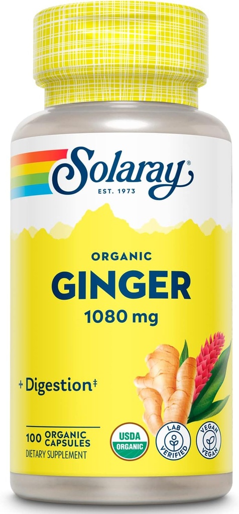 SOLARAY Ginger biologique 1080 mg - Suppléments de gingembre biologique - Soulage les nausées et les vomissements associés à la maladie du mouvement, soutient la santé articulaire - végétalien, non somnolent, garantie de 60 jours, 50 portions