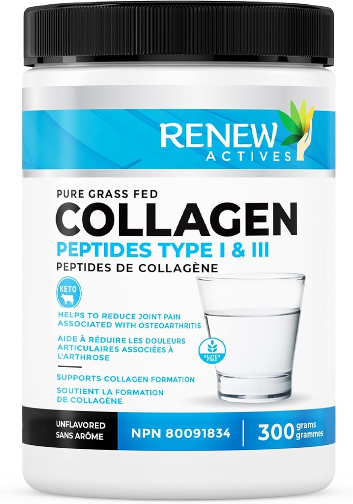 Renouveler Actives Poudre de Peptides de Collagène Hydrolysée 10G par portion – Collagène à herbe Premium pour la peau, les articulations et les cheveux – 9,4g Protéines – Soutient la formation de collagène et la récupération musculaire – Fabriqué au Canada