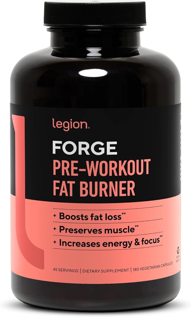 LÉGION Forge Fat Burner à jeun - Thermogénique Fat Burner, Cible Stomach Fat et Trim Belly Fat avec Yohimbe, HMB Supplément, Choline. Tous naturels, 45 portions..., 180 comte (paquet de 1)