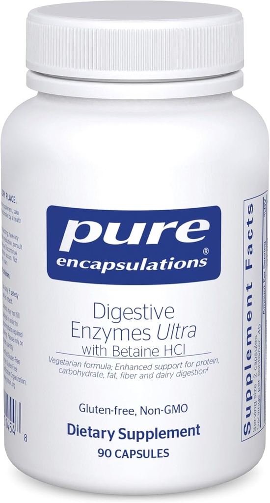 Encapsulations pures Enzymes digestifs Ultra avec HCl bétaïne - Supplément enzymatique digestif végétarienne pour soutenir la digestion des protéines, des glucides, des fibres et des produits laitiers* - 90 capsules