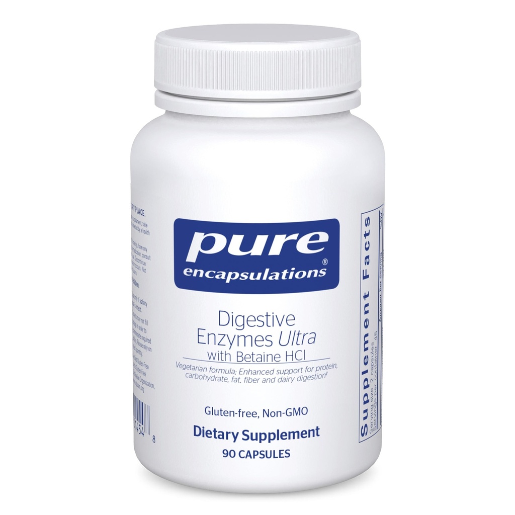 Encapsulations pures Enzymes digestifs Ultra avec HCl bétaïne - Supplément enzymatique digestif végétarienne pour soutenir la digestion protéique, carb, fibre et laitière* - 90 capsules