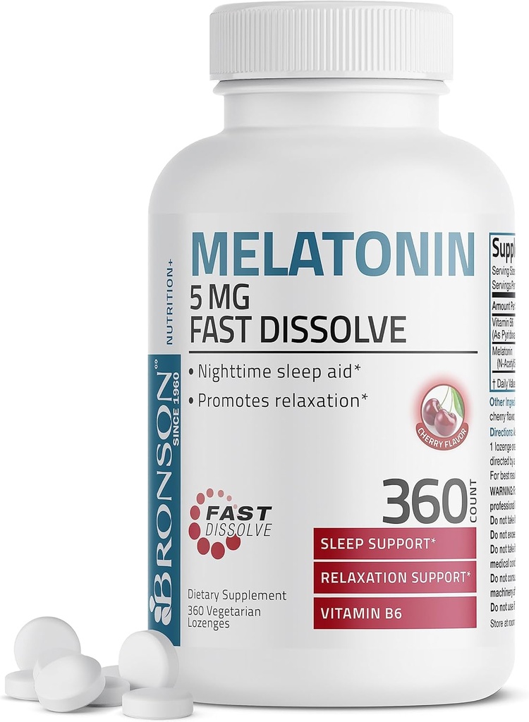 Bronson Melatonin 5mg Dissolve rapide Comprimés de goût de cerise avec vitamine B6 - aide au sommeil nocturne - favorise la relaxation, 360 légumes à croquer