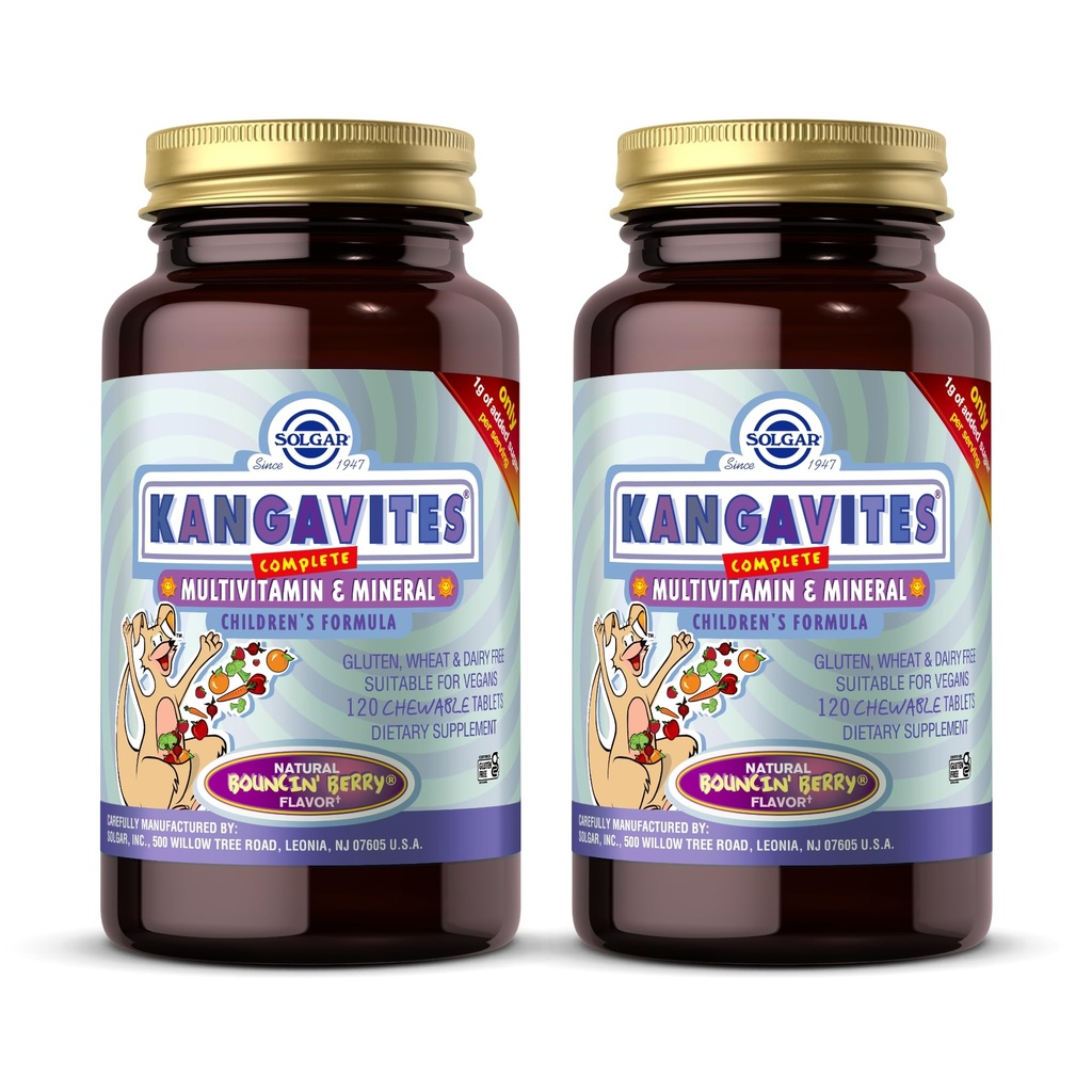 Solgar Kangavites, Bouncin, Berry Flavor - 120 comprimés à croquer, pack de 2 - Multivitamine complète et formule minérale pour les enfants - Vegan, sans gluten