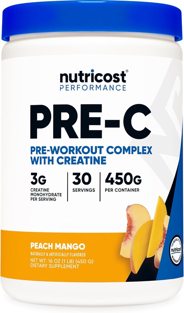 Nutricost Pre-C Pre-Workout Complex avec Creatine (Peach Mango) 30 portions en poudre - Boost Fintess Routines, 450g