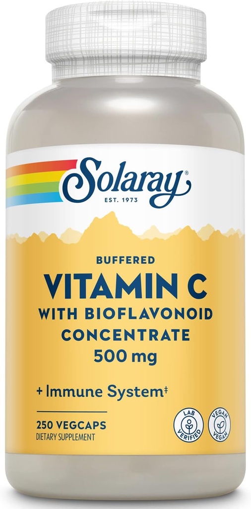 SOLARAY Vitamine buvée C 500mg - avec bioflavonoïdes, cerise de rose HIPS et Acerola - Supplément de soutien immunitaire - Facile à digérer, végétalien, laboratoire vérifié, garantie de 60 jours - 250 portions, 250 VegCaps