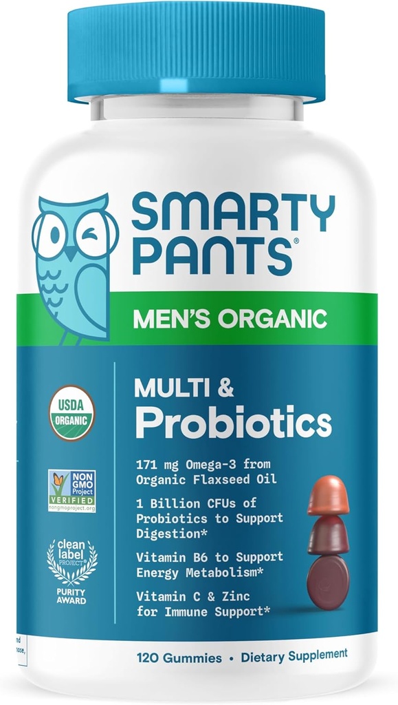 Multivitamine SmartyPants pour les hommes, Gommies organiques: Probiotiques, CoQ10, Méthylfolate, Oméga 3 (ALA), Vitamine D3, C, Vitamine B12, B6, A, K & Zinc pour le soutien immunitaire, Biotine, 120 Gommies (30 jours)