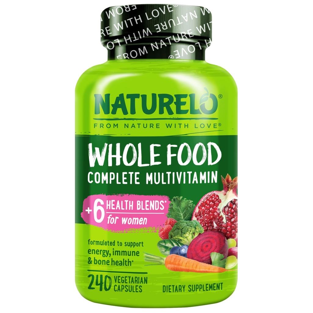 NATURELO Whole Food Multivitamin for Women - with Vitamins, Minerals, & Organic Extracts - Supplement for Energy and Heart Health - Non GMO - 240 Vegan Capsules