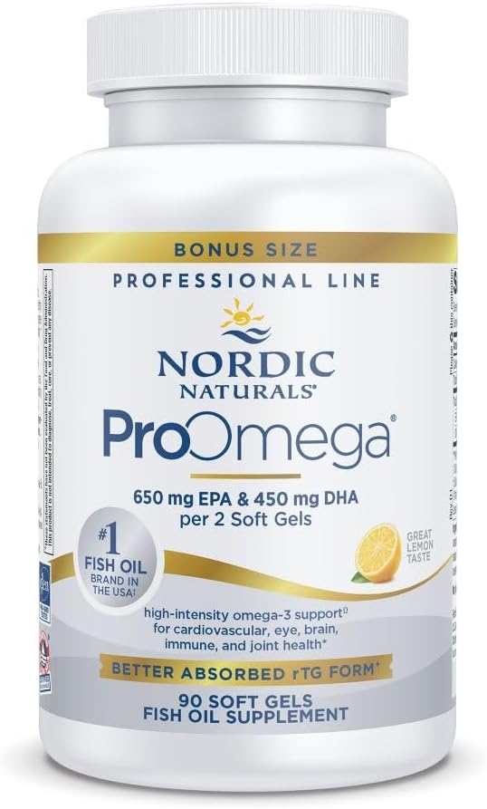 Nordic Naturals ProOmega, Saveur de citron - 90 gels mous - 1280 mg Oméga-3 - Huile de poisson de haute puissance avec EPA et DHA - favorise la santé du cerveau, des yeux, du coeur et des immunes - non-OGM - 45 portions