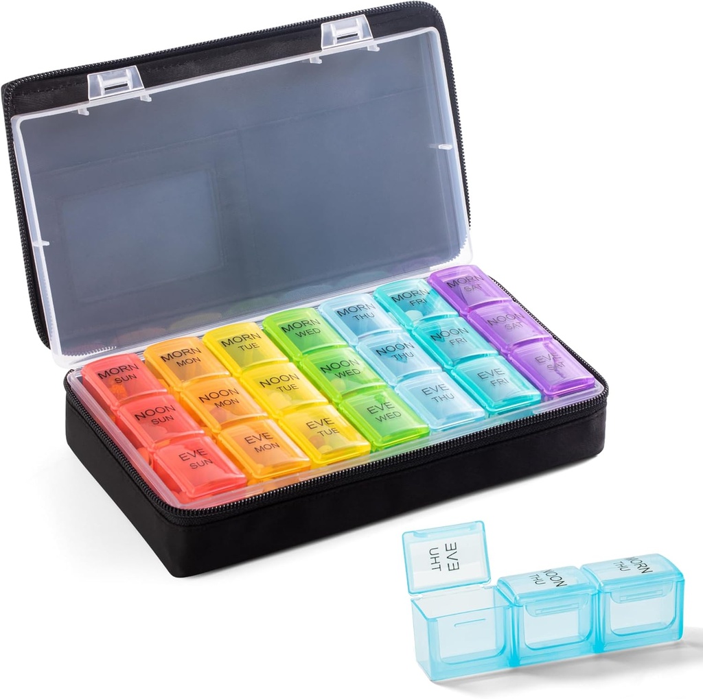 Organisateur de pilules hebdomadaires 3 fois par jour - Boîte à pilules 7 jours 3 fois par jour avec tissu mignon Zipper sac- Cas de pilules de voyage 7 jours 3 fois par jour pour l'organisateur de médecine vitaminique