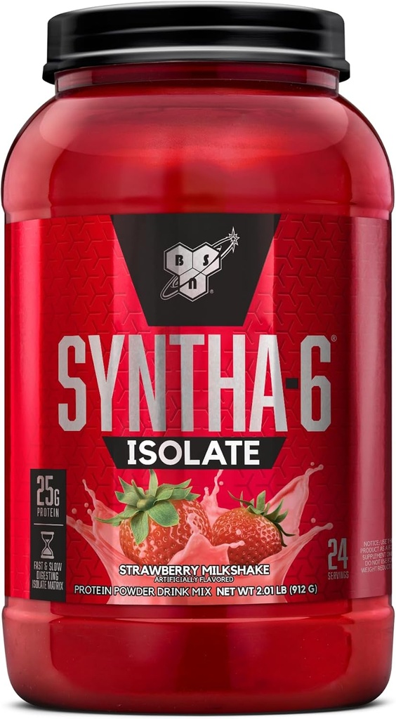 BSN SYNTHA-6 Poudre de protéines isolées, Poudre de protéines de fraise avec isolat de protéines de lactosérum, Isolat de protéines de lait, Arôme : milkshake de fraise, 24 portions (paquetage mai Vary)
