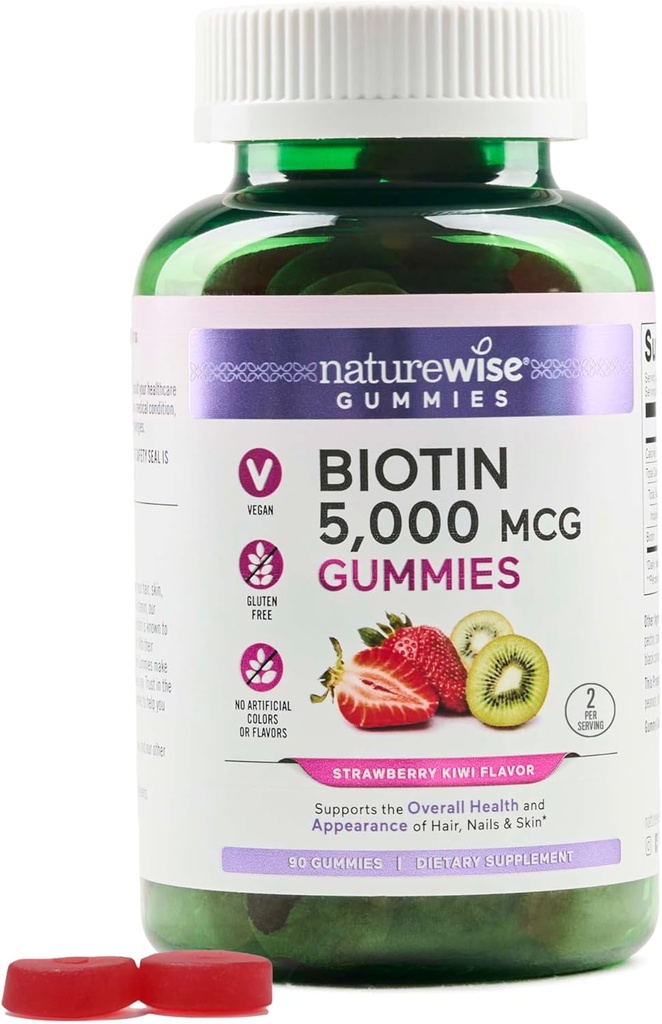 NatureWise Biotin Gummies - Soutient les cheveux sains, la peau et les ongles forts - Vitamine B7 5000mcg - Beauté naturelle - Fraise-Kiwi Flavor - Vegan, Non-OGM, Sans gluten - 90 Compte[45 jours]