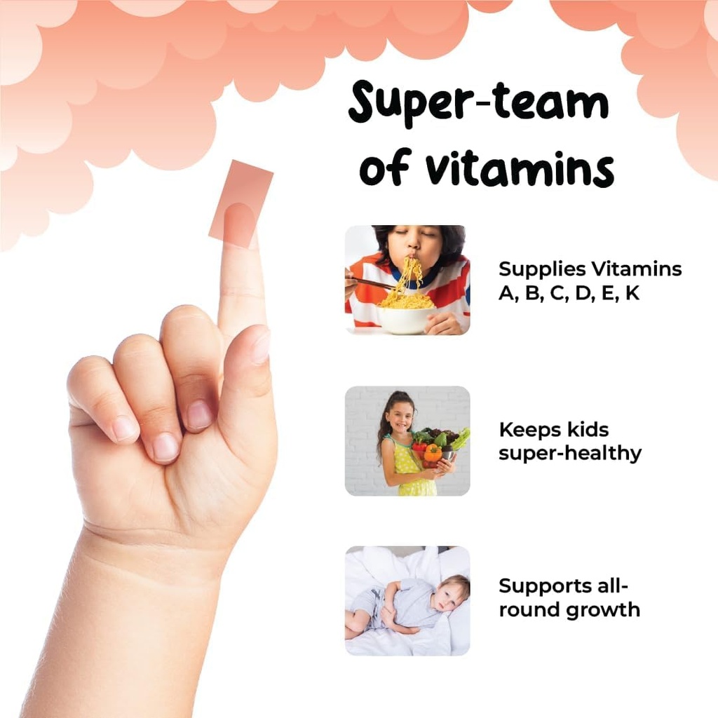 Soul Strips Super Vita-Mini - Vitamines essentielles A, B, C, D, E, K & Minéraux pour la croissance et la santé des enfants, framboise, sucre zéro, 100% végétalien, 30 bandes Pack '