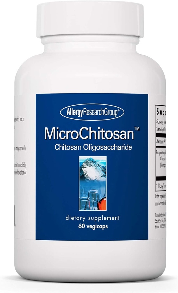 Groupe de recherche sur l'allergie Supplément MicroChitosan - Chitosan, Chitosan Oligosaccharide, Binder de soutien nettoyant, Détoxification améliorée, 1800mg Pilules végétariennes - 60 Nombre