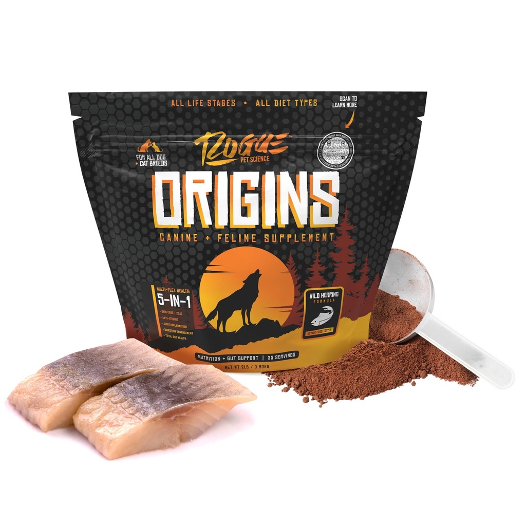 ROGUE PET SCIENCE Origines 5-en-1 Supplément pour chien - Topper alimentaire en poudre avec huile de poisson Omega 3 - soutient la digestion saine, la peau et le manteau - aide à réduire les démangeaisons et l'inflammation articulaire (2 lbs)