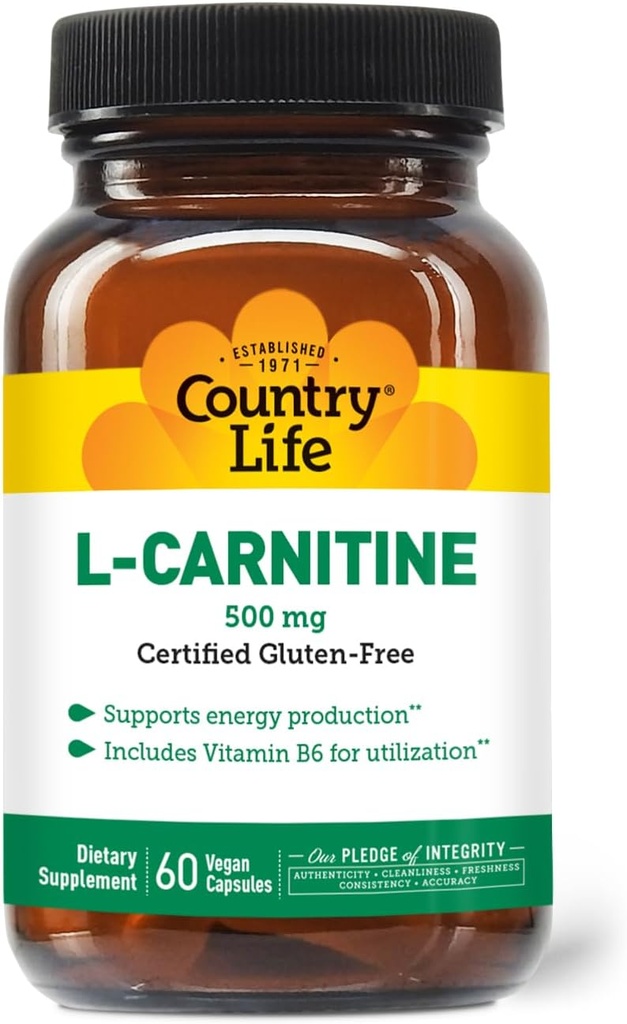 Country Life L-Carnitine 500mg – 60 Capsules végétaliennes Supporte la production d'énergie et le métabolisme des graisses.