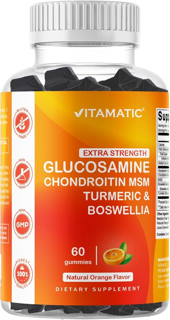 Vitamatic Extra Strength Glucosamine Chondritine Gommies avec MSM, Turmeric et Boswellia – 60 Gommies à base de pectine Formule de soutien conjoint avancée – sans sucre, sans OGM, sans gélatine