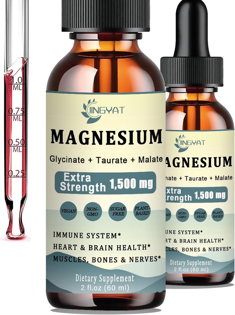 1500mg Complexe de magnésium gouttes liquides - Haute absorption triple Magnésium de magnésium liquide Glycinate, Taurat et Malate, ajouté avec Coq10, zinc, vitamine D3 pour les muscles, les nerfs et l'énergie