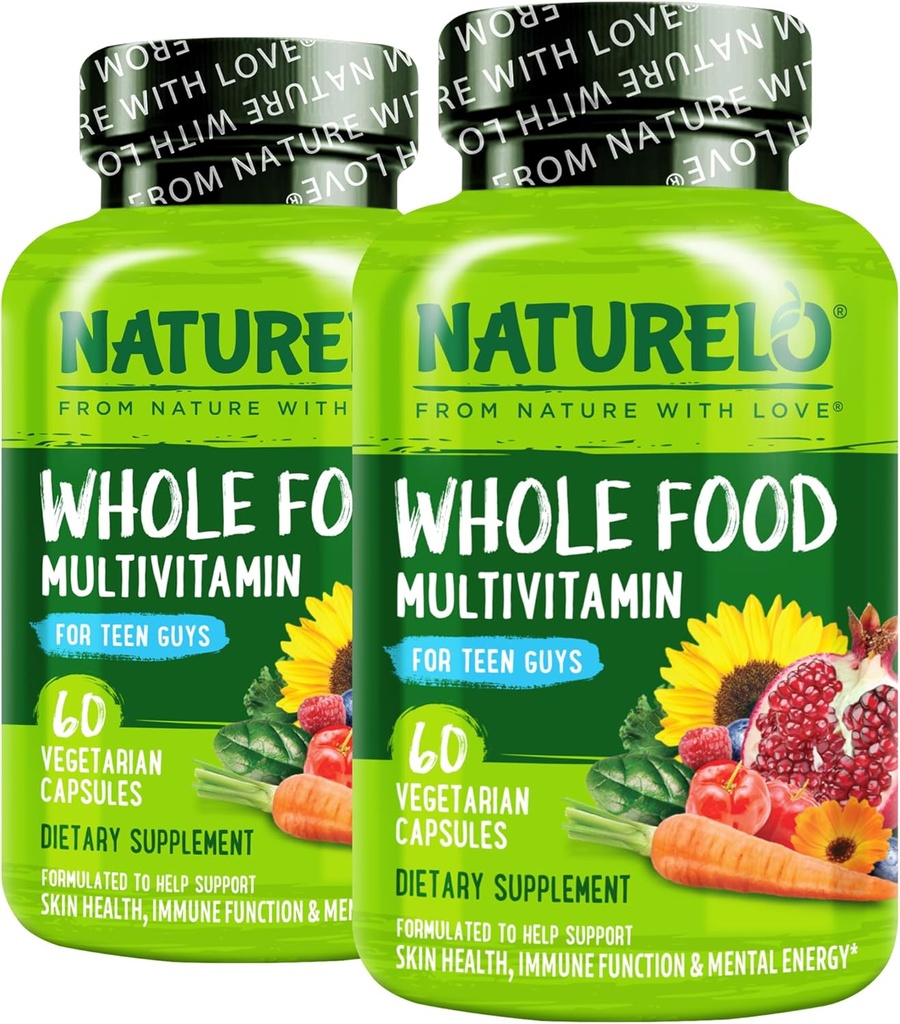 NATURELO Adolescents Multivitamine - Multivitamine d'aliments entiers pour adolescents Garçons - Supplément minéral pour enfants actifs - avec extraits de plantes - Non-OGM - Vegan & Végétarien - 60 Capsules (paquet de 2)