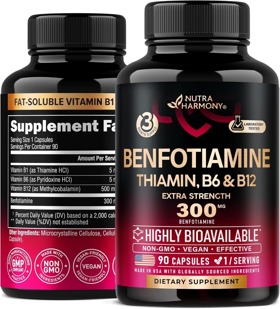 Benfotiamine 300 mg - Soutien aux nerfs, à l'énergie et au métabolisme - Supplément de benfotiamine Fat-Soluble Vitamine B1 - Très biodisponible et absorbant - avec Thiamine, Vitamine B12 et B6 - 90 Capsules