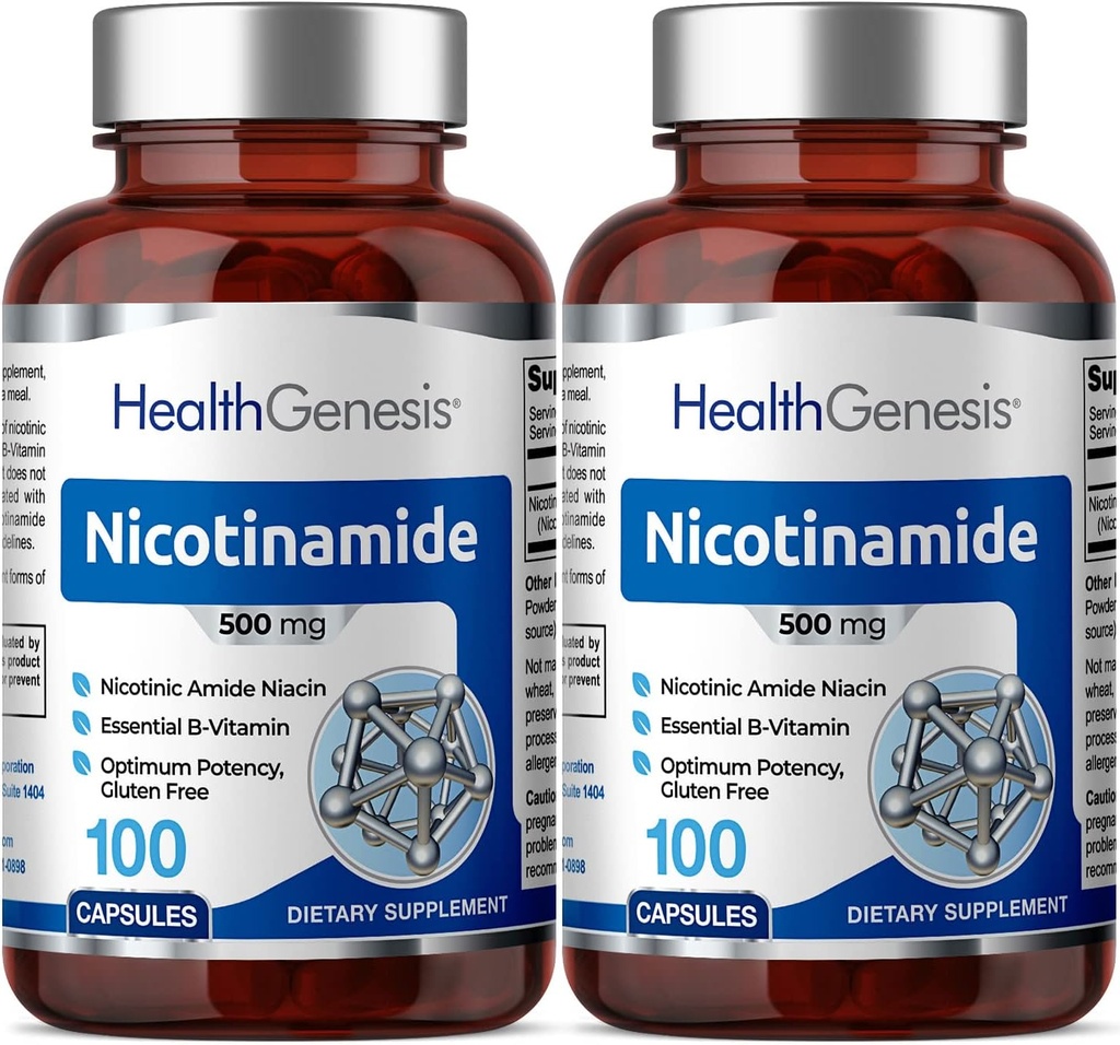 B-3 Nicotinamide 500 mg 100 Caps 2 Pack - Nicotinique Amide Niacin formule de vitamine naturelle sans flush - soutient la santé des cellules de la peau