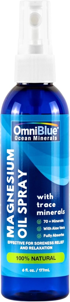 OmniBlue Magnésium & Ocean Mineral Spray- Topique, Ionique et Biodisponible Trace Minerals - Relief for Soleness, Crampes, Joints and Sleep - Vaporisateur Absorbs Fast, No Sting - USA Made (6oz)
