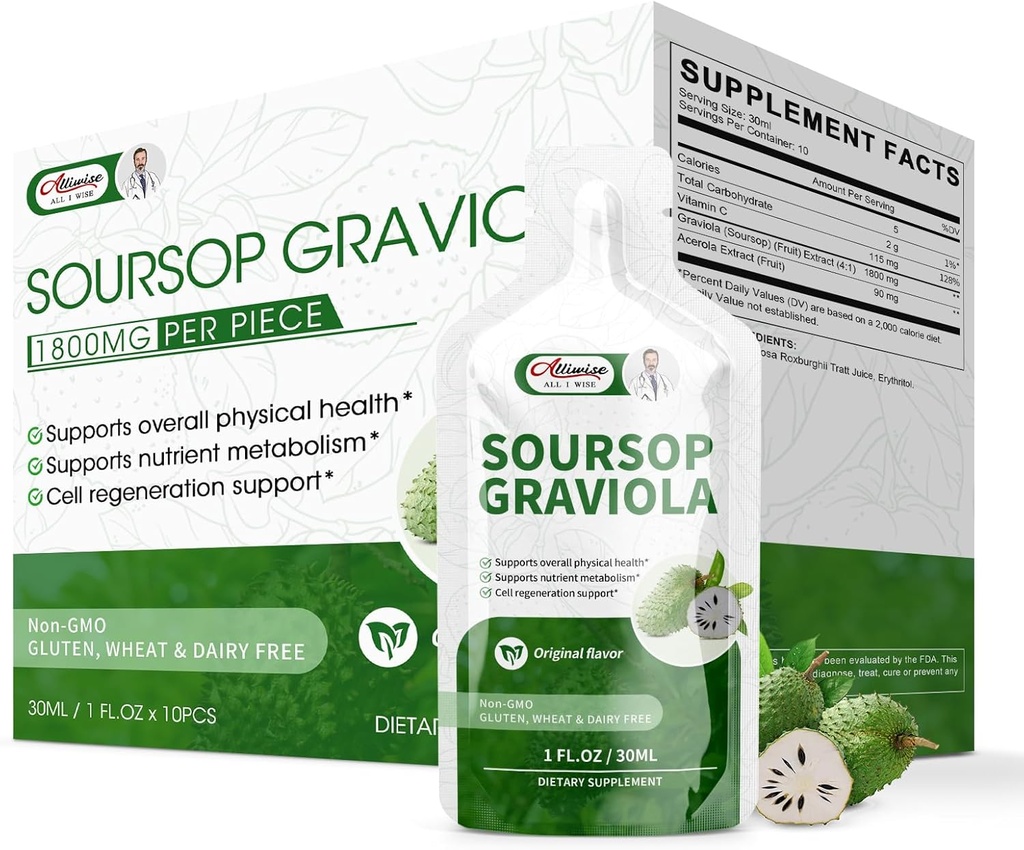 Soursop Graviola liquide, Soursop extrait organique pur pour le soutien cellulaire et la régénération, Immune Boost, haute absorption Soursop amers boisson / solution orale-10 FL OZ