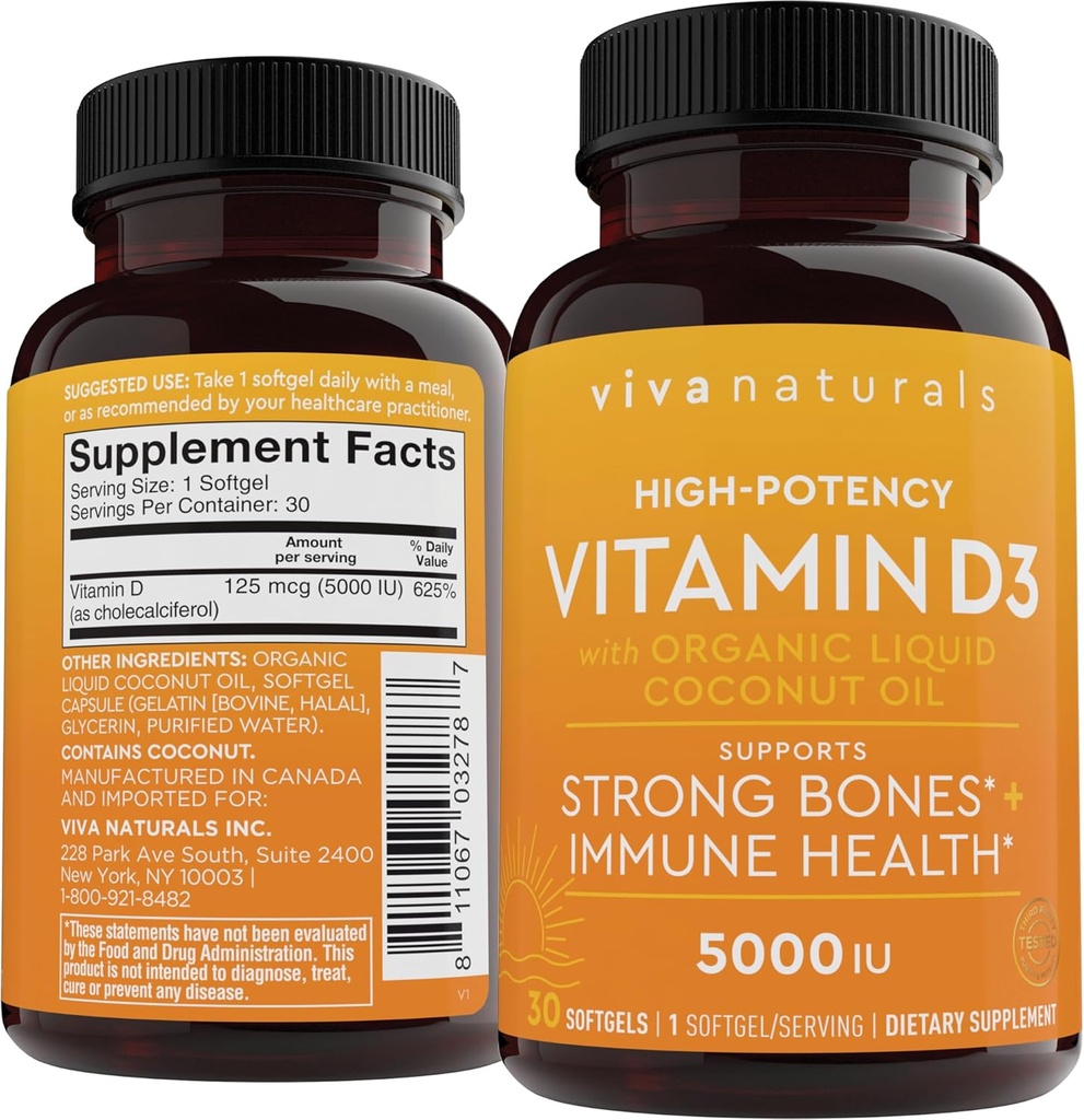 D3 Vitamine 5000 UI Softgels (125 mcg), 30 Softgels - Suppléments de vitamine D à haute puissance pour une fonction immunitaire saine, os et muscles - Fabriqué avec de l'huile de coco liquide biologique