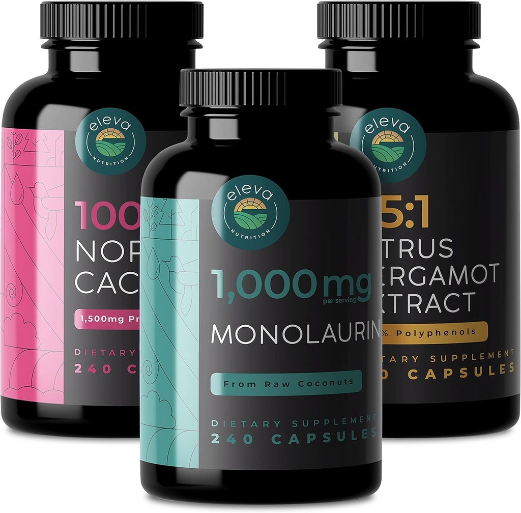Citrus Bergamot, Nopal Cactus et Monolaurin Bundle. Capsules d' Agrume Bergamote de 1000 mg, Capsules de Monolaurin de 1000 mg et Capsules de Cactus de Prickly Pear de 1500 mg