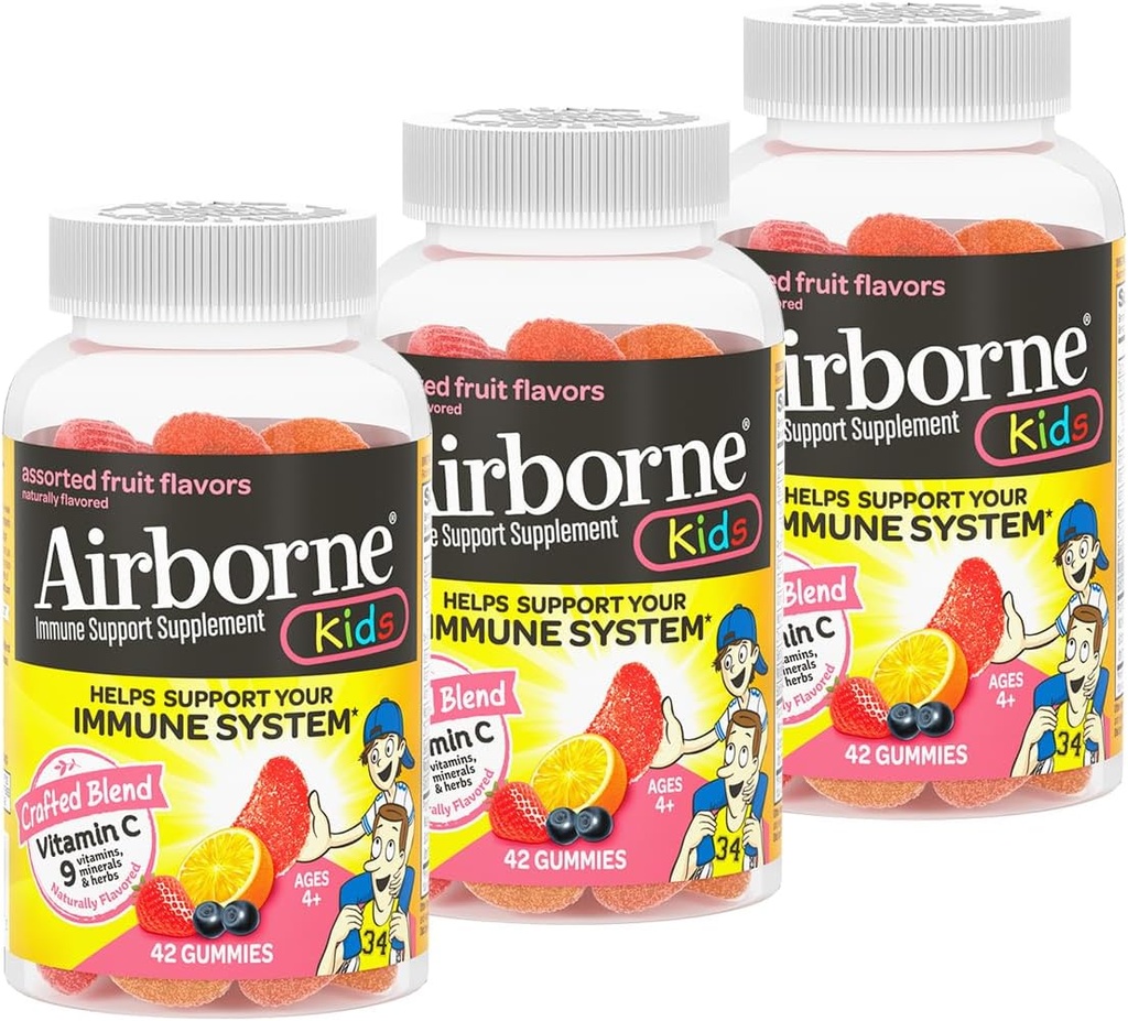 Airborne 500mg Vitamine C + Zinc Immune Supplément de soutien Gommies pour enfants, Arôme de fruits assortis, Mélange sans gluten fabriqué avec des antioxydants puissants Vitamines C & E, 42 Gommies (3 Pack)
