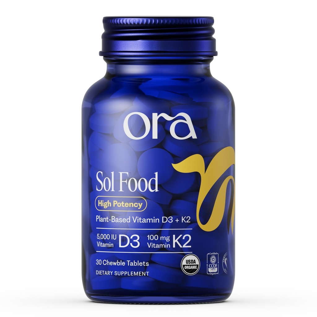 Ora Vitamine biologique D3 5000IU + K2 - Vitamine végétale D de lichen et K2 de pois chiches pour la santé des os, le soutien immunitaire et l'humeur, absorption maximale - 1 mois d'approvisionnement, 30 comprimés à croquer