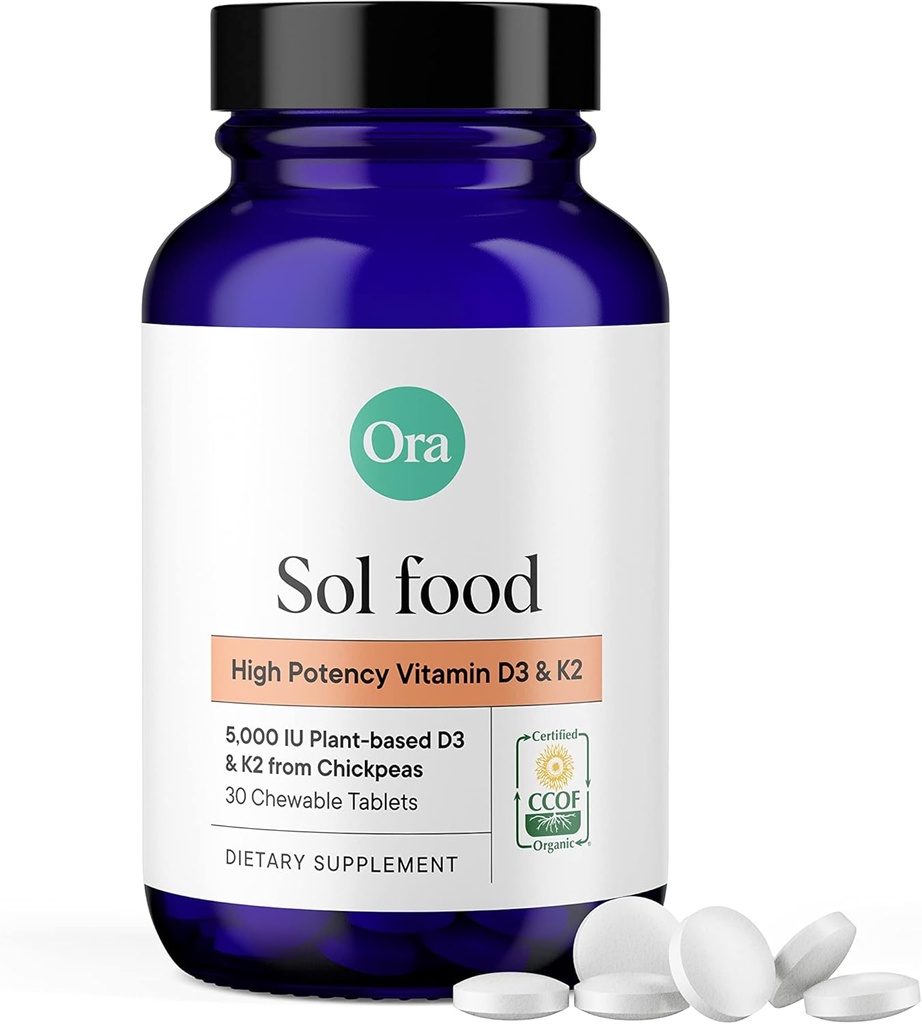 Ora Vitamine biologique D3 5000IU + K2 - Vitamine végétale D de lichen et K2 de pois chiches pour la santé des os, le soutien immunitaire et l'humeur, absorption maximale - 1 mois d'approvisionnement, 30 comprimés à croquer